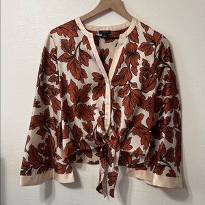 Elegant Leaf Print Tie-Front Blouse - Cream and Orange